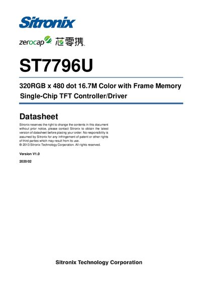 Sitronix ST7796U Single-Chip TFT Controller/Driver Datasheet - cover page