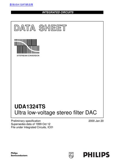 Philips UDA1324TS Ultra Low-Voltage Stereo Filter DAC Datasheet - cover page