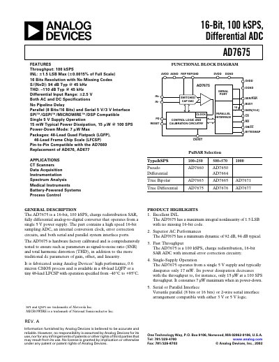 Analog Devices AD7675 16‑Bit 100 kSPS Differential ADC Datasheet