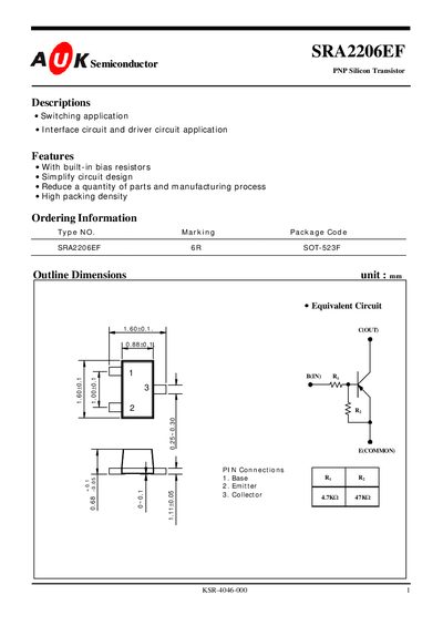 A K Semiconductor SRA2206EF PNP Silicon Transistor Datasheet - cover page