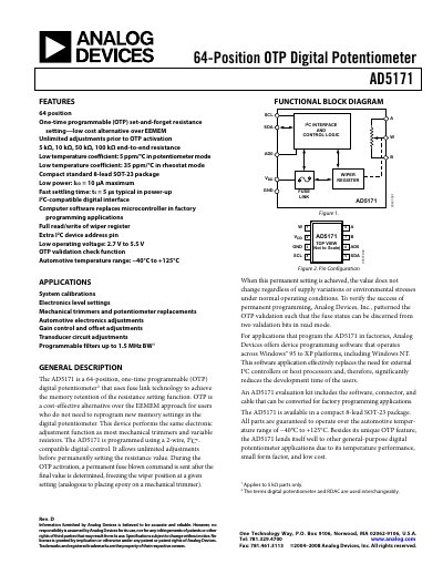 Analog Devices AD5171 64‑Position OTP Digital Potentiometer Datasheet - cover page