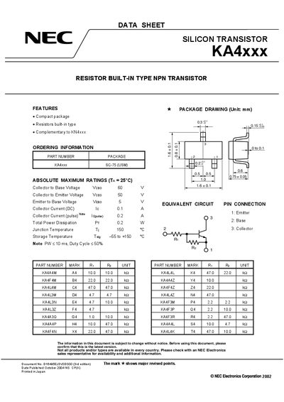 NEC KA4xxx Silicon Transistor Datasheet - cover page
