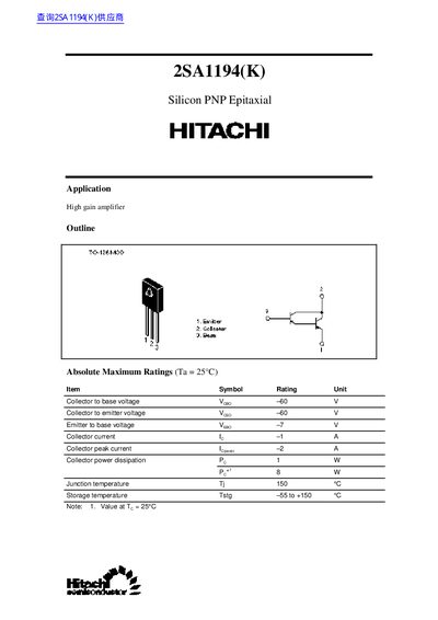Hitachi 2SA1194(K) Datasheet - cover page