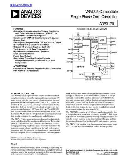 ANALOG DEVICES ADP3170 VRM 8.5 Compatible Single Phase Core Controller handbook - cover page
