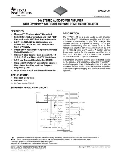 Texas Instruments TPA6041A4 2‑W Stereo Audio Power Amplifier Datasheet - cover page