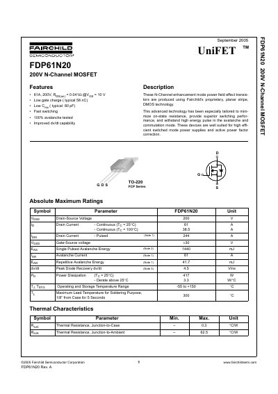 Fairchild FDP61N20 200V N-Channel MOSFET Datasheet - cover page