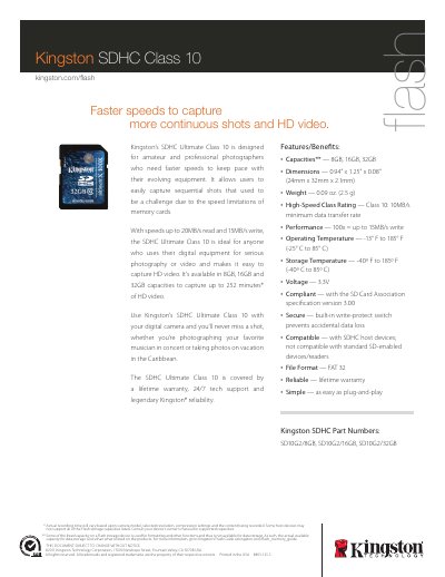 Kingston SDHC Ultimate Class 10 Product Leaflet - cover page