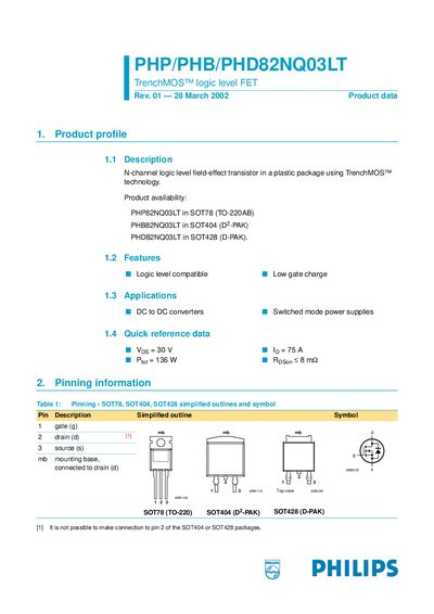 Philips PHP/PHB/PHD82NQ03LT TrenchMOS Logic Level FET Datasheet - cover page