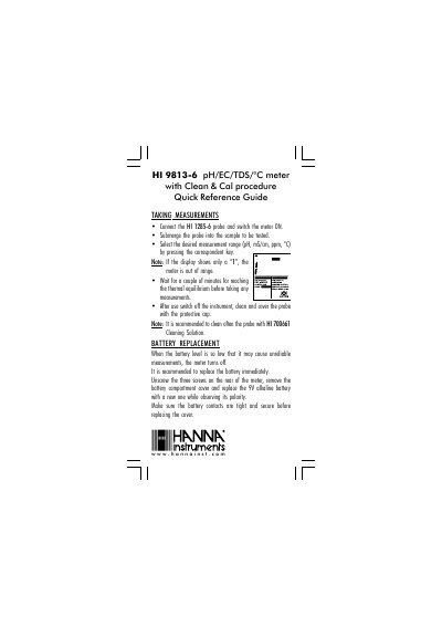 Hanna Instruments HI 9813-6 pH/EC/TDS/°C Meter Quick Reference Guide