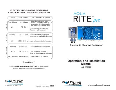 Goldline AQ-RT-PRO Electronic Chlorine Generator Operation and Installation Manual - cover page