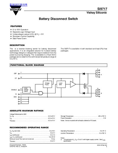 Vishay Siliconix Si9717 Battery Disconnect Switch Datasheet - cover page