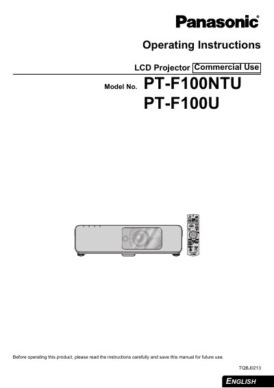 Panasonic PT-F100NTU/PT-F100U LCD Projector Operating Instructions - cover page