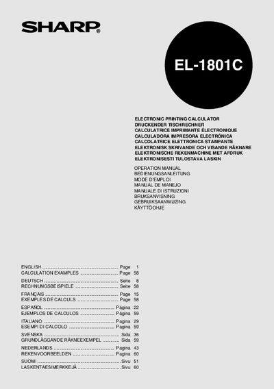 Sharp EL-1801C Electronic Calculator User Manual