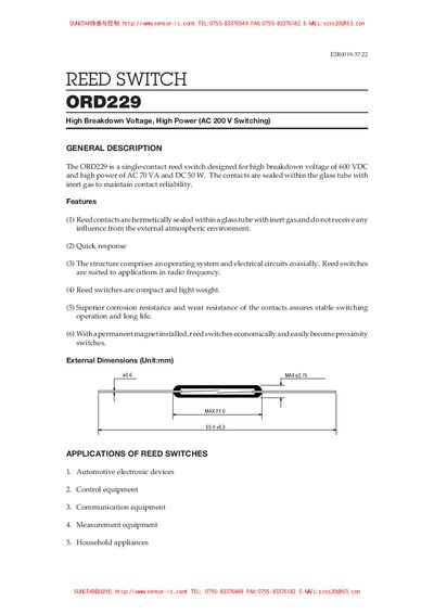 Sunstar ORD229 Reed Switch Datasheet - cover page