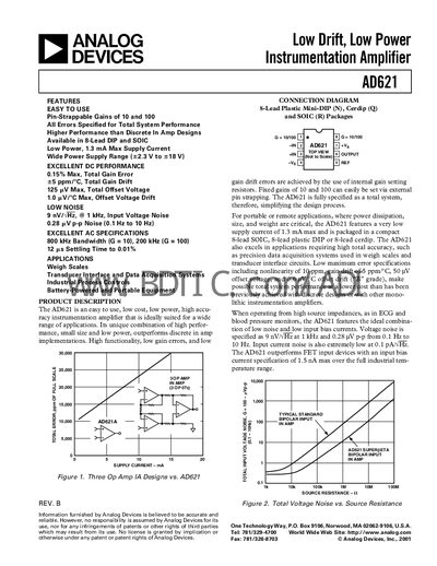 Analog Devices AD621 Instrumentation Amplifier Datasheet - cover page