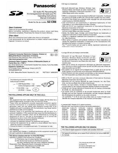 Panasonic SZ-CB8 SD Audio PC Recording Kit Operating Instructions - cover page