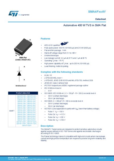 STMicroelectronics SMA4FxxAY Automotive 400 W TVS Datasheet