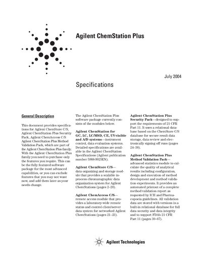 Agilent ChemStation Plus Specifications - cover page