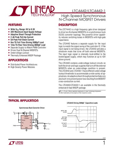Linear Technology LTC4442/LTC4442-1 High Speed Synchronous N-Channel MOSFET Driver Datasheet - cover page