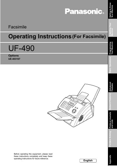 Panasonic UF-490 Fax Machine Operating Instructions - cover page