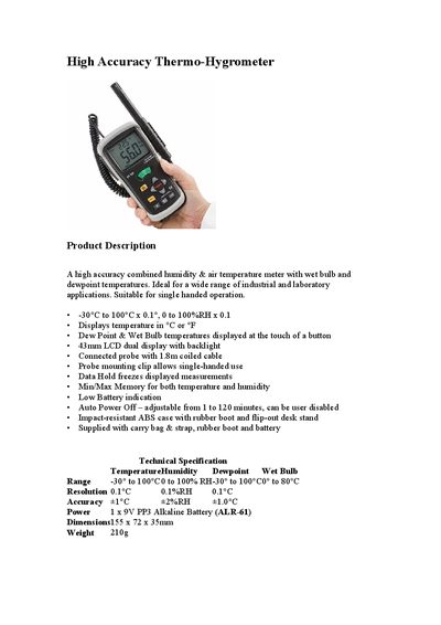 High Accuracy Thermo-Hygrometer User Manual - cover page