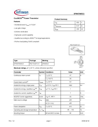 Infineon SPW47N65C3 Power Transistor Datasheet - cover page