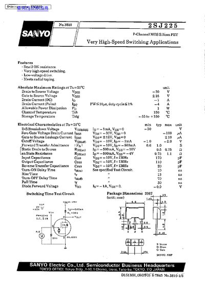 SANYO 2SJ225 P-Channel MOS Silicon FET Datasheet - cover page