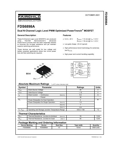 Fairchild FDS6898A Dual N-Channel Logic Level MOSFET Datasheet