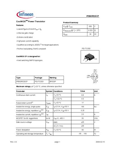 Infineon IPB60R520CP Datasheet - cover page