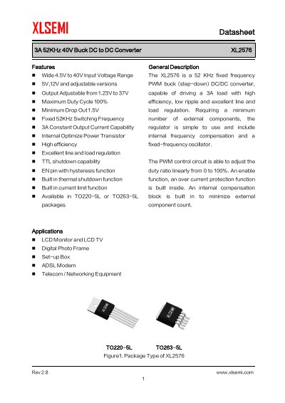 XLSEMI XL2576 3A 52KHz 40V Buck DC to DC Converter Datasheet - cover page