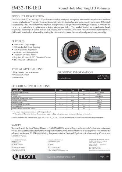 Lascar EM32-1B-LED Round Hole Mounting LED Voltmeter User Manual - cover page