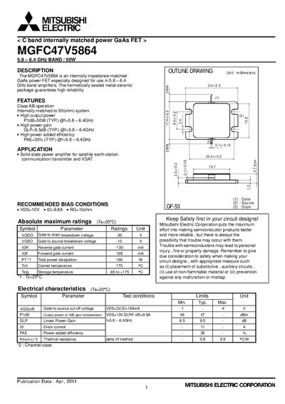 Mitsubishi Electric MGFC47V5864 C‑Band Power GaAs FET Datasheet - cover page