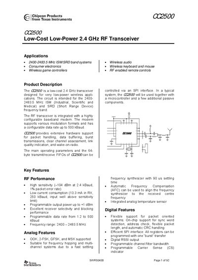 Texas Instruments CC2500 RF Transceiver Datasheet - cover page
