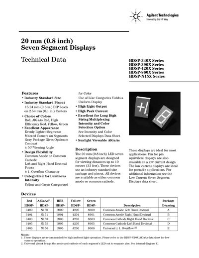 AVAGO TECHNOLOGIES HDSP-340X Series HDSP-390X Series HDSP-420X Series HDSP-860X Series HDSP-N15X Series handbook - cover page
