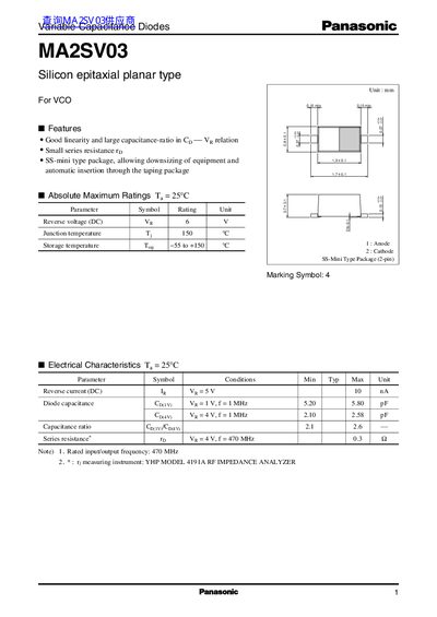 Panasonic MA2SV03 Variable Capacitance Diode Datasheet - cover page