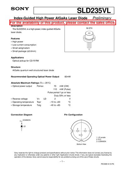 Sony SLD235VL Index-Guided High Power AlGaAs Laser Diode Manual - cover page