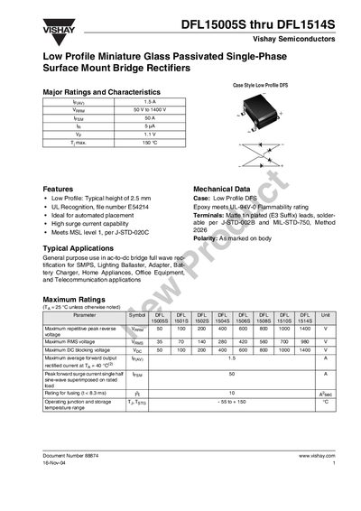 Vishay DFL15005S thru DFL1514S Bridge Rectifiers Data Sheet - cover page