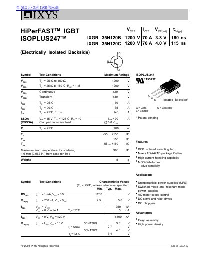 IXYS IXGR 35N120B/35N120C HiPerFAST IGBT Datasheet - cover page