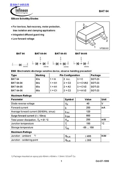 Infineon BAT 64 Silicon Schottky Diodes Datasheet - cover page