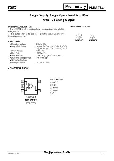 JRC NJM2741 Single Supply Operational Amplifier Datasheet - cover page