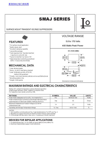 IO SMAJ Series Surface Mount Transient Voltage Suppressors Datasheet - cover page