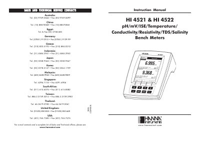 Hanna Instruments HI 4521/4522 Bench Meters Instruction Manual - cover page