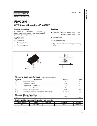 Fairchild Semiconductor FDV305N 20V N-Channel PowerTrench MOSFET Datasheet - cover page