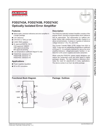 FAIRCHILD FOD2743A/FOD2743B/FOD2743C Optically Isolated Error Amplifier handbook