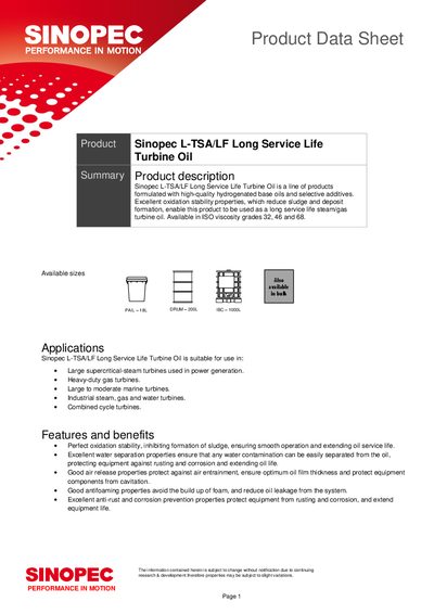 Sinopec L-TSA/LF Long Service Life Turbine Oil Product Data Sheet - cover page