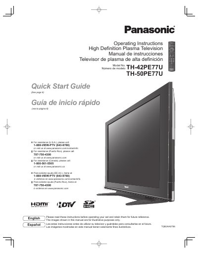 Panasonic TH-42PE77U/TH-50PE77U Plasma TV Quick Start Guide - cover page