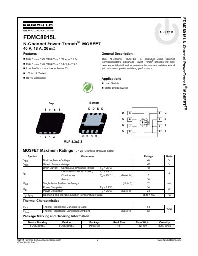 Fairchild FDMC8015L N-Channel Power Trench MOSFET Datasheet - cover page