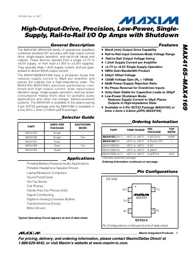Maxim MAX4165–MAX4169 High-Output-Drive Precision Low-Power Single-Supply Rail-to-Rail Op-Amp Datasheet - cover page