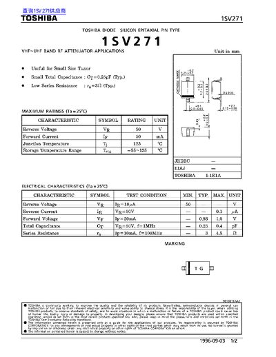Toshiba 1SV271 VHF-UHF RF Attenuator Datasheet - cover page
