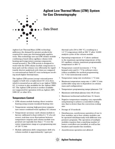 Agilent Low Thermal Mass (LTM) System for Gas Chromatography Datasheet - cover page